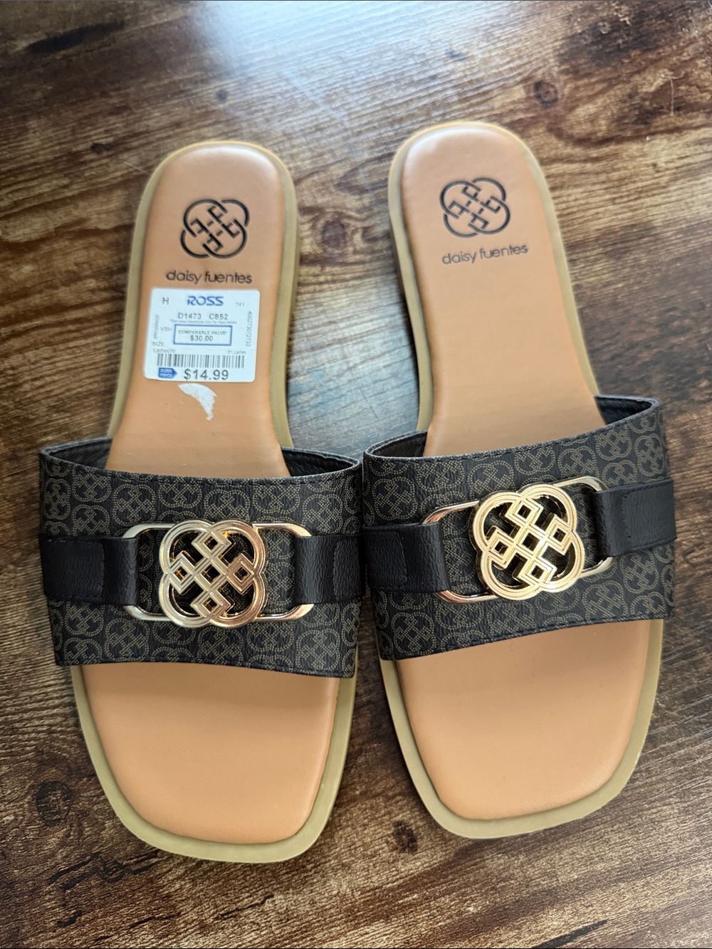 Daisy Fuentes Brown Logo Slide Sandals with Gold Medallion